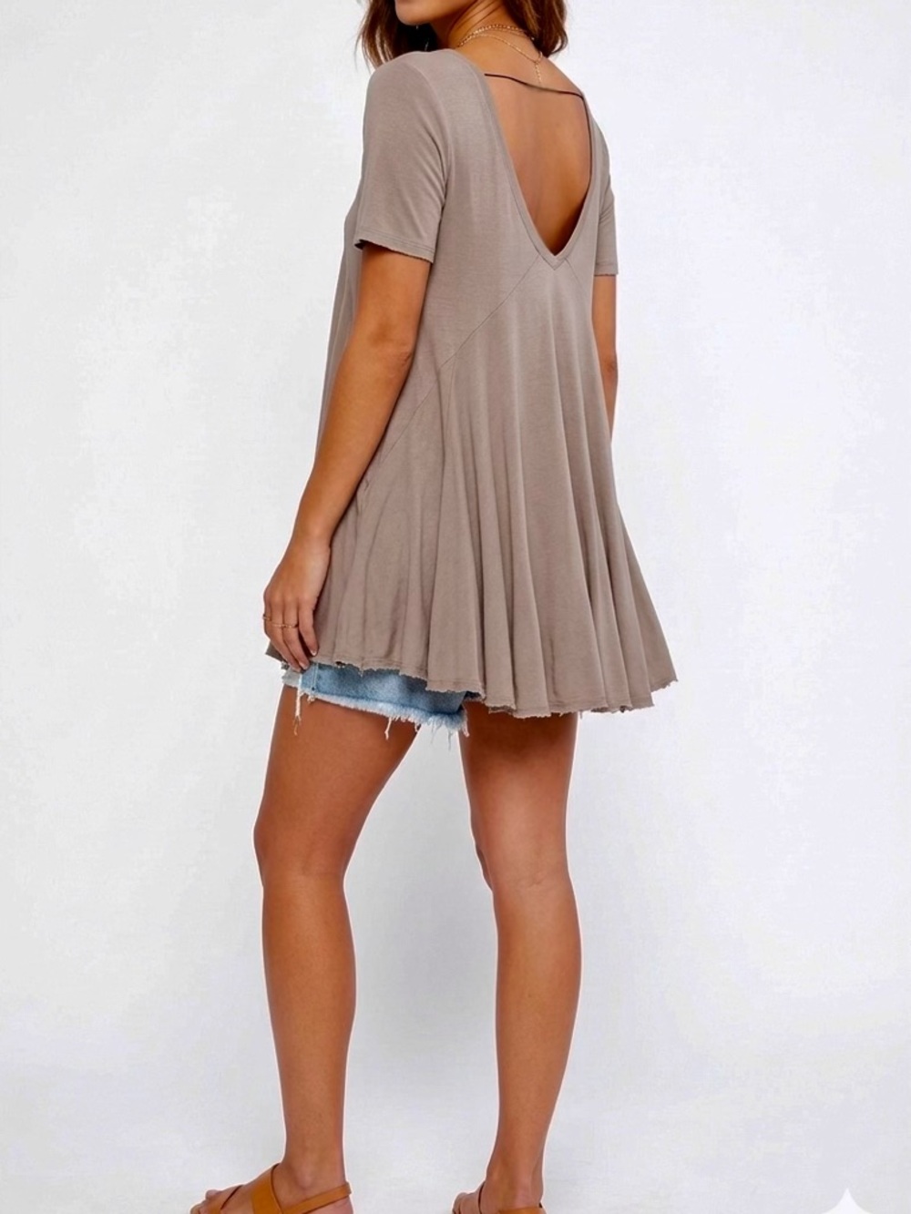 SIMI SUE Khaki Olive Green Flowy V Neck & Back Tunic Top